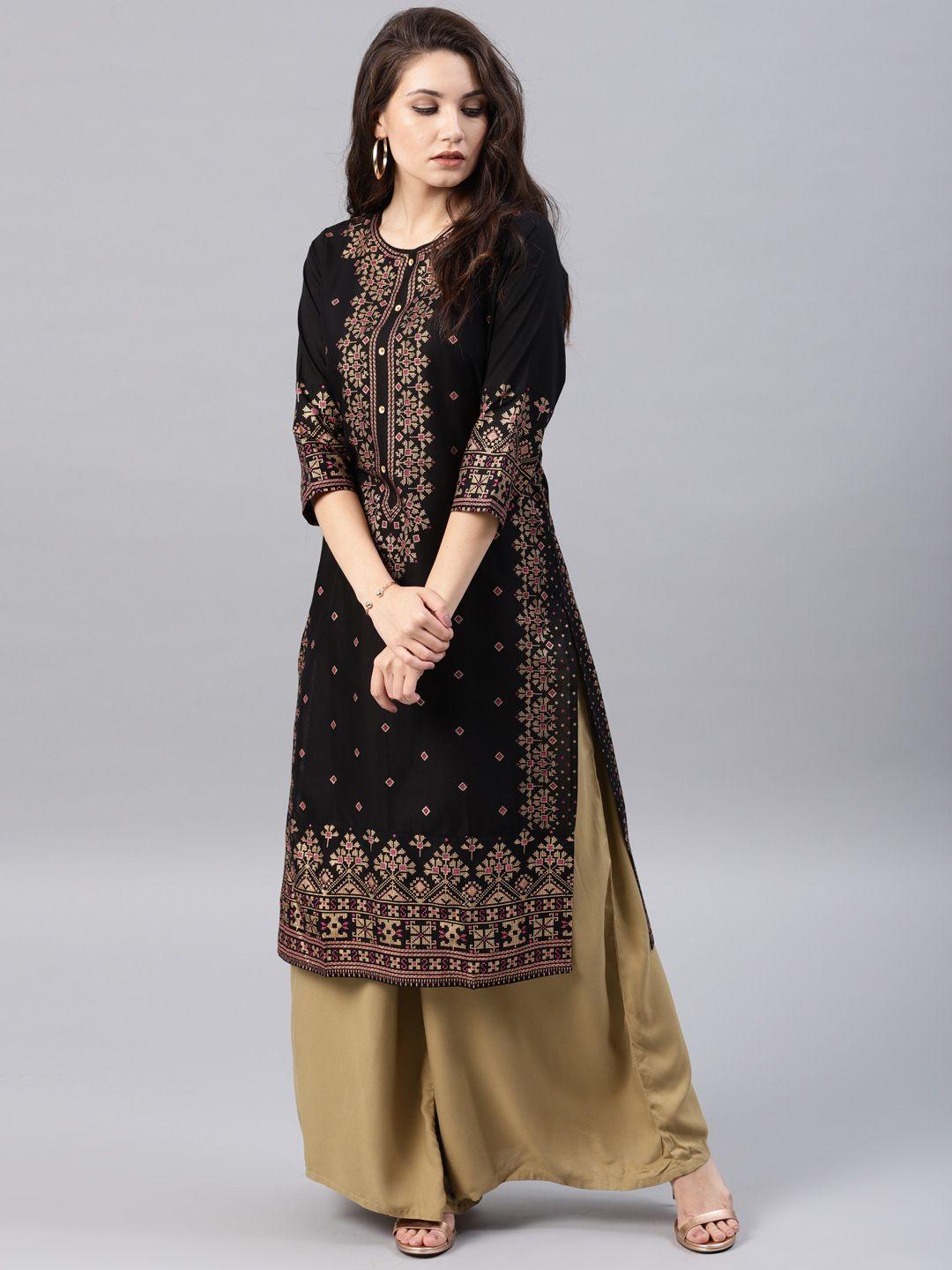 vishudh women black & golden printed straight kurta