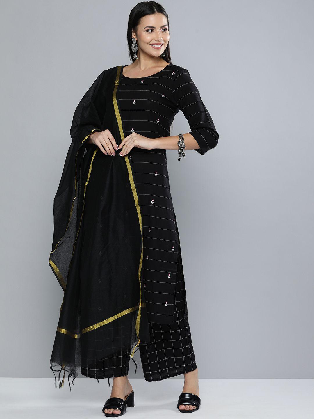 vishudh women black & golden striped kurta with palazzos & dupatta