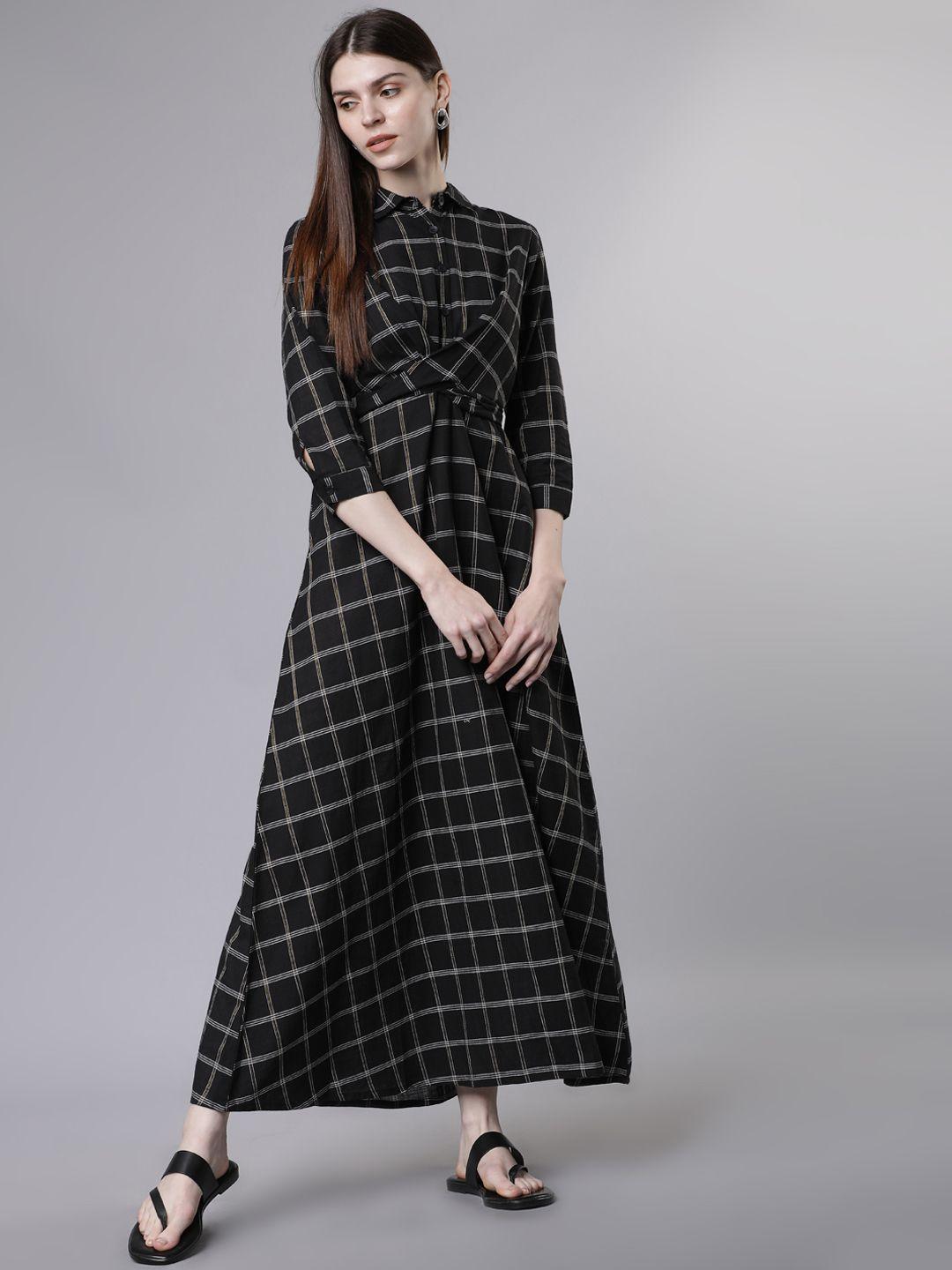 vishudh women black & grey checked shirt dress