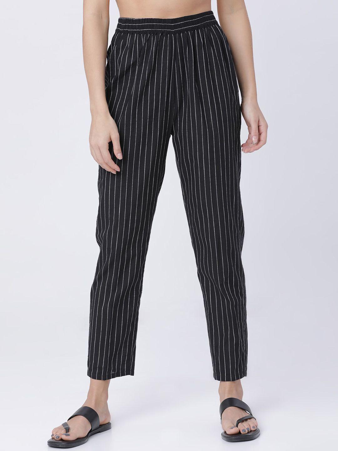 vishudh women black & grey regular fit striped peg trousers