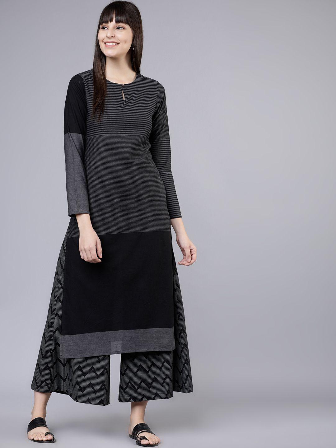 vishudh women black & grey striped kurta with palazzos