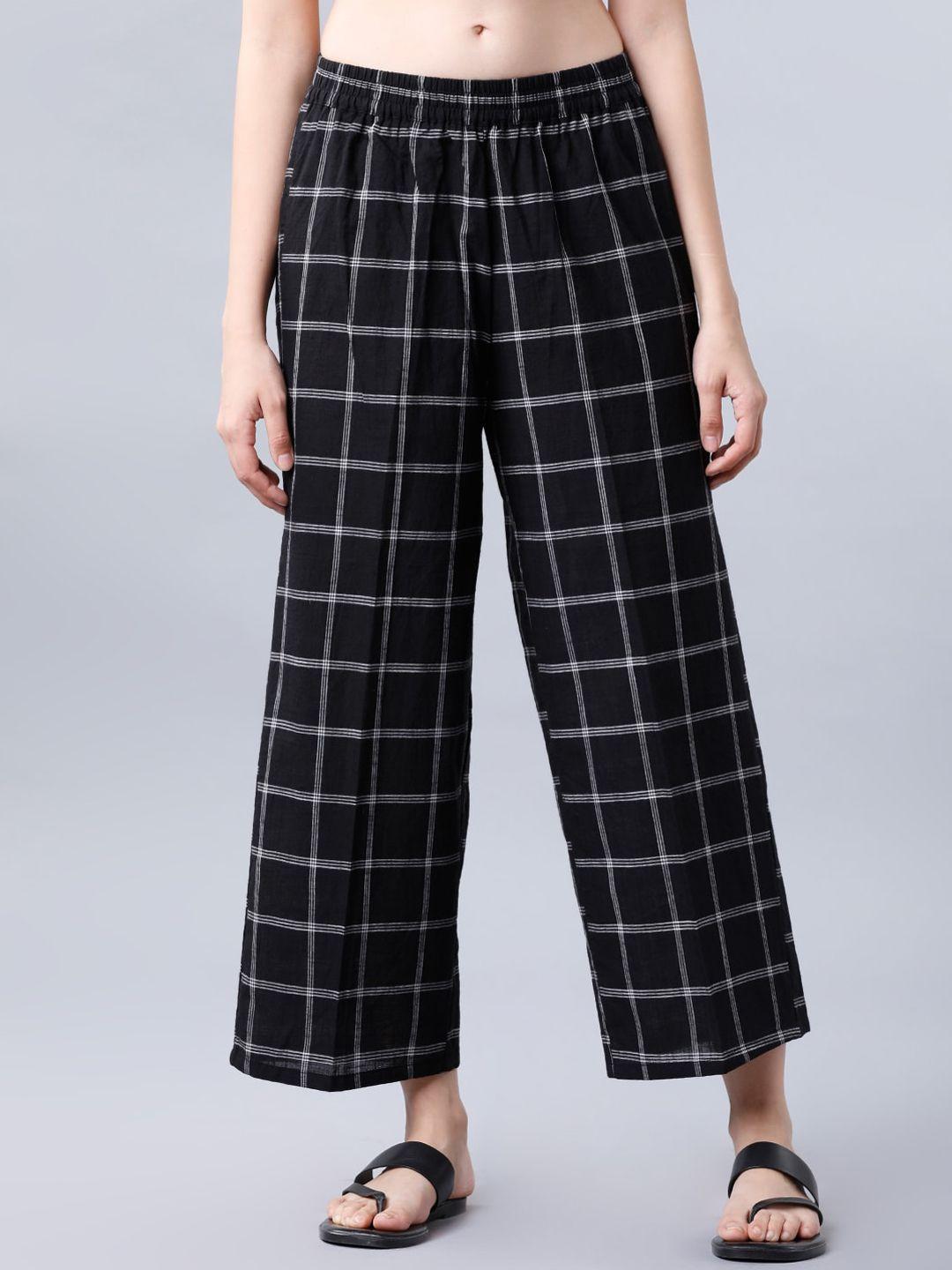 vishudh women black & off-white checked crop straight palazzos