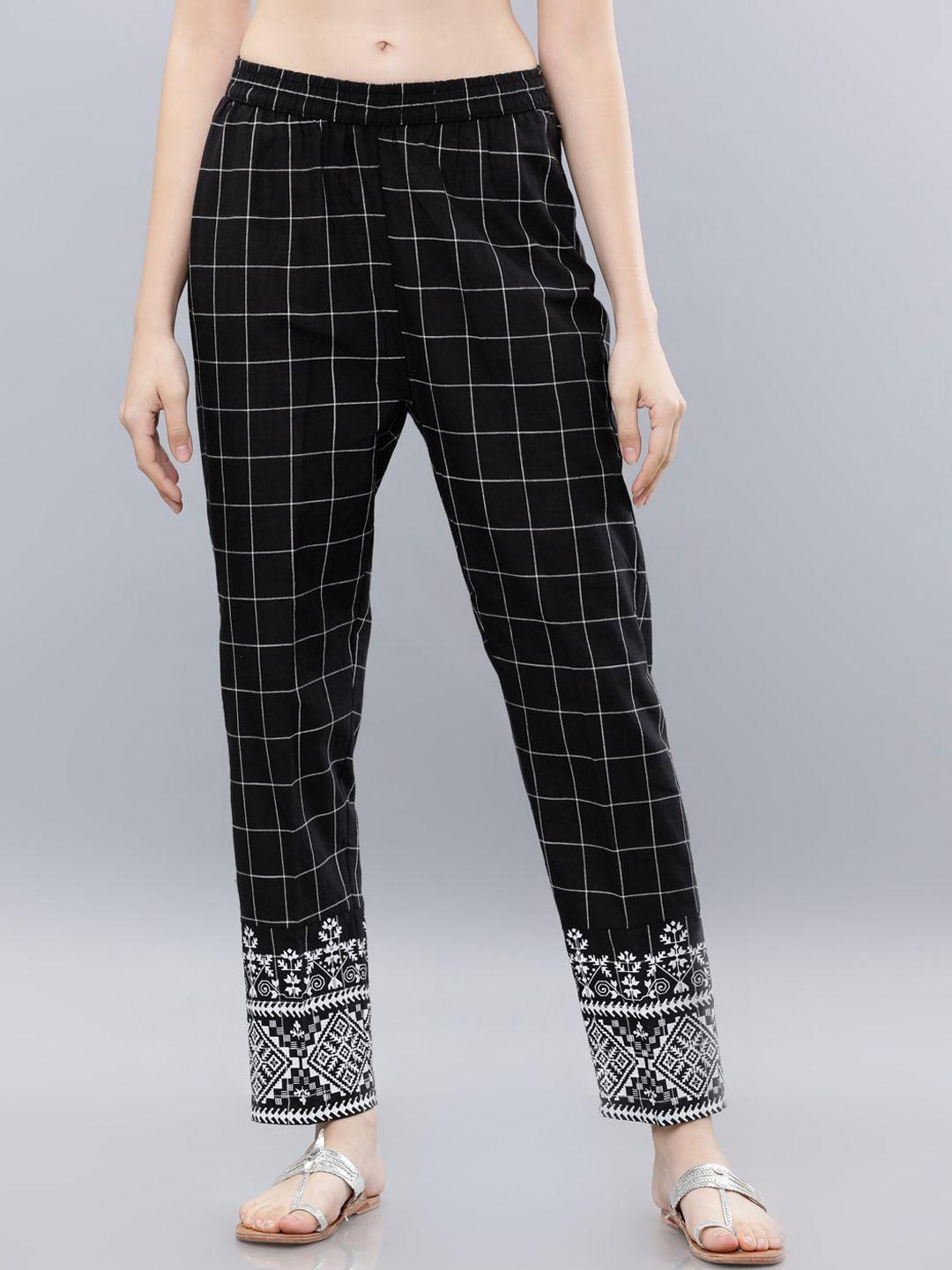 vishudh women black & off-white slim fit checked regular trousers