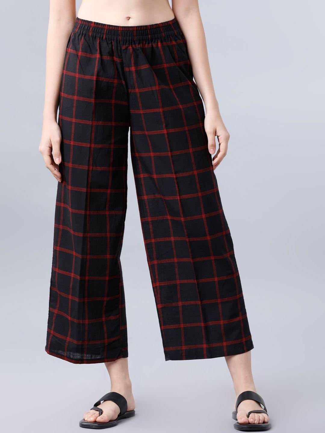 vishudh women black & red checked straight palazzo