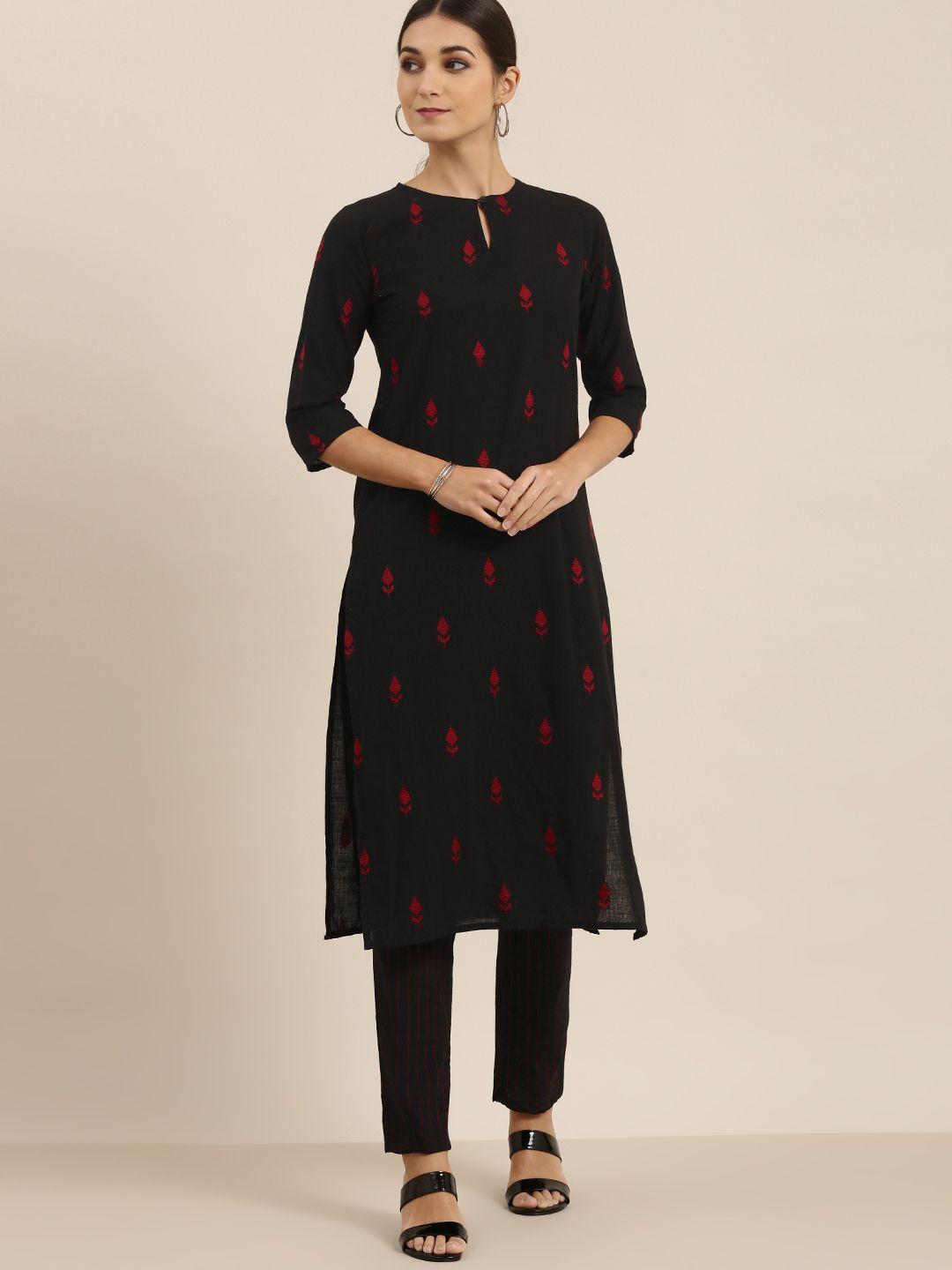 vishudh women black & red embroidered kurta with trousers