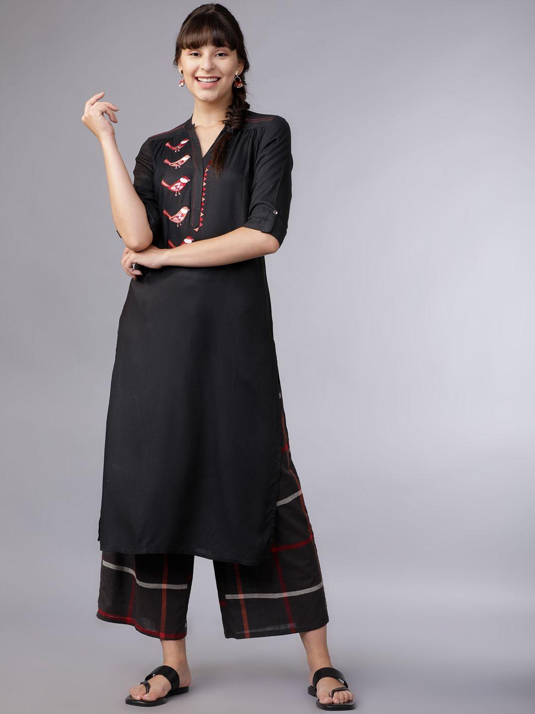 vishudh women black & red embroidered kurti with palazzos