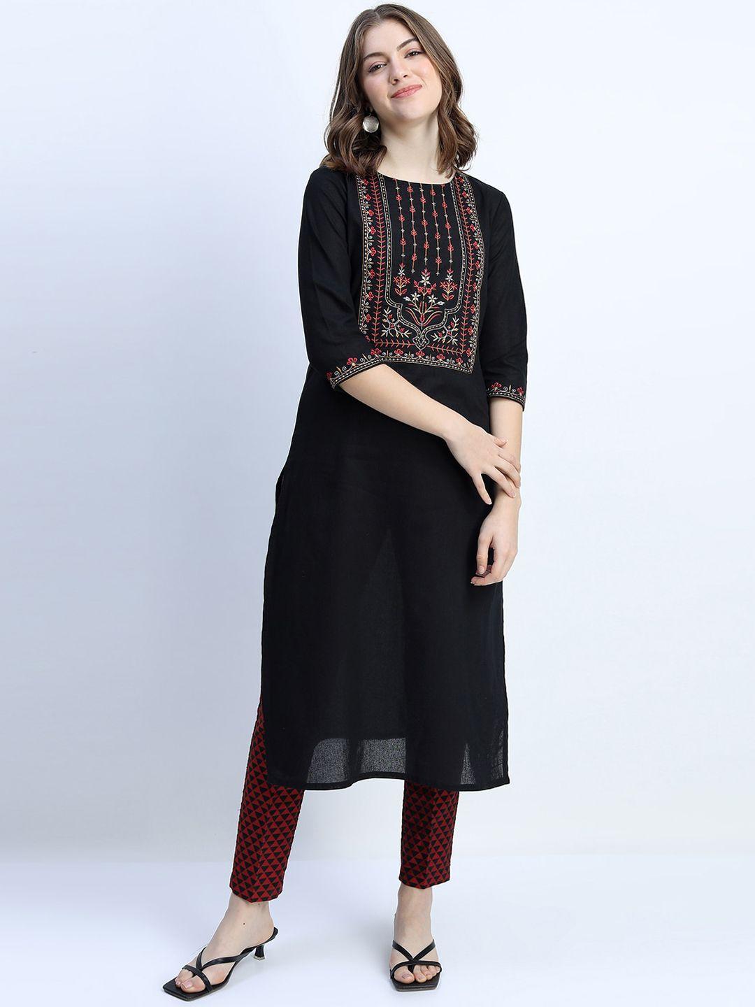 vishudh women black & red embroidered yoke design cotton straight kurta