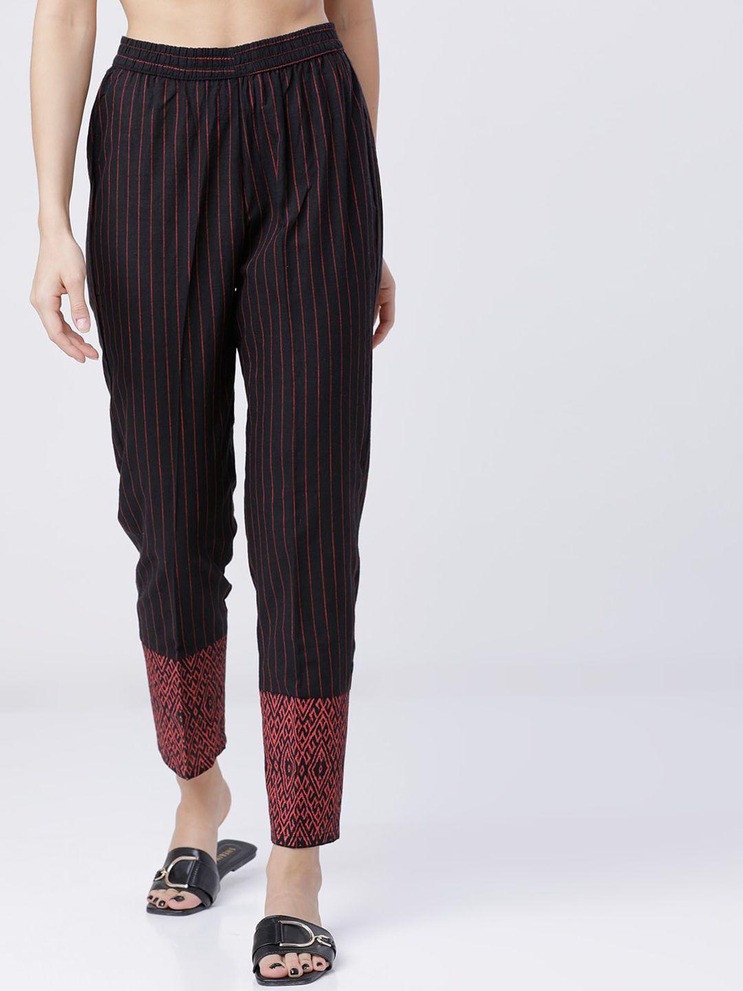 vishudh women black & red slim fit striped peg trousers