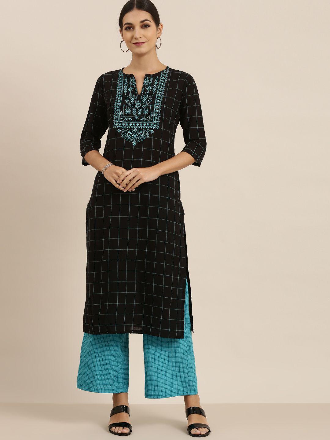vishudh women black & turquoise blue printed kurta with trousers