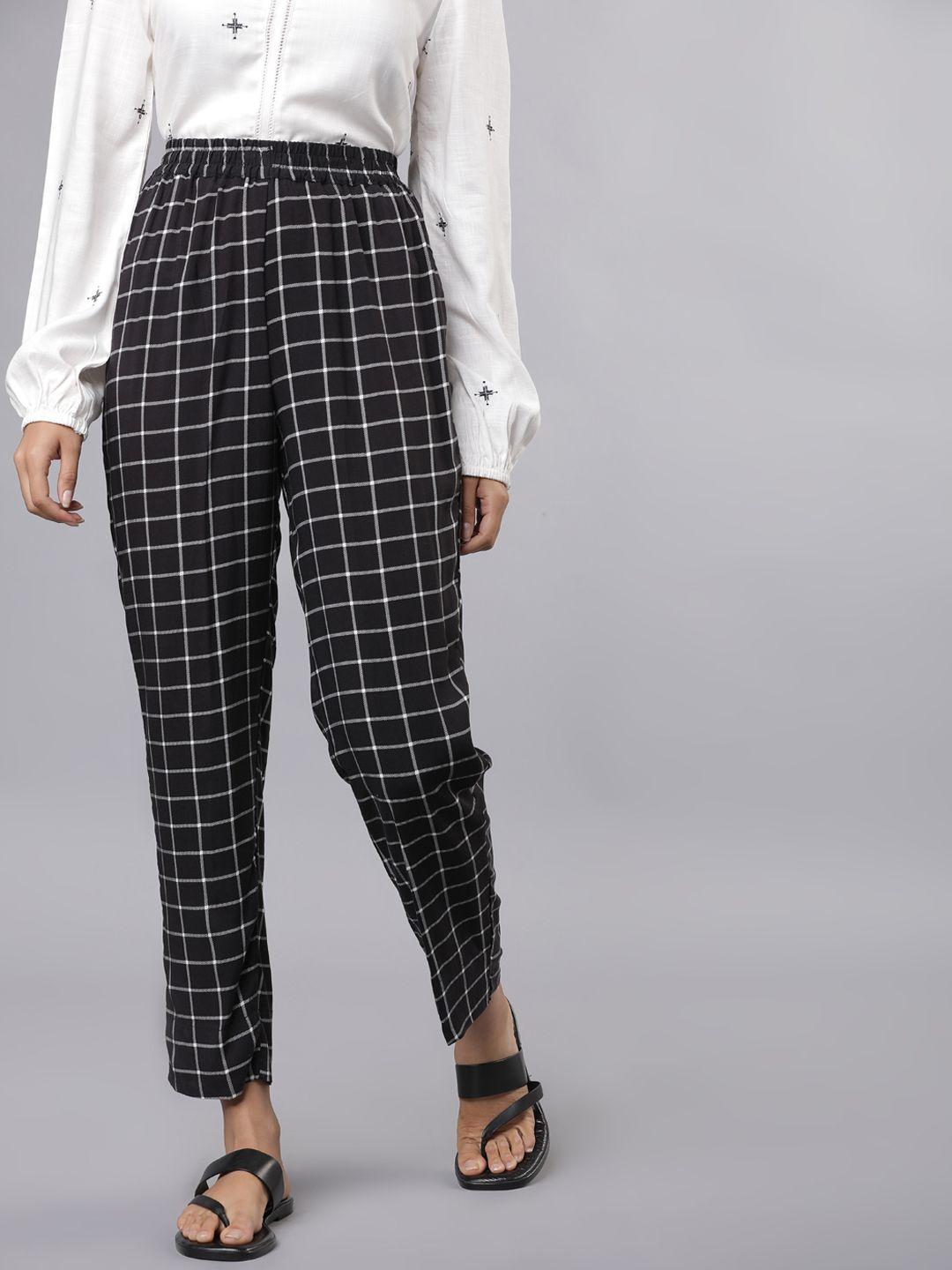 vishudh women black & white slim fit checked regular trousers