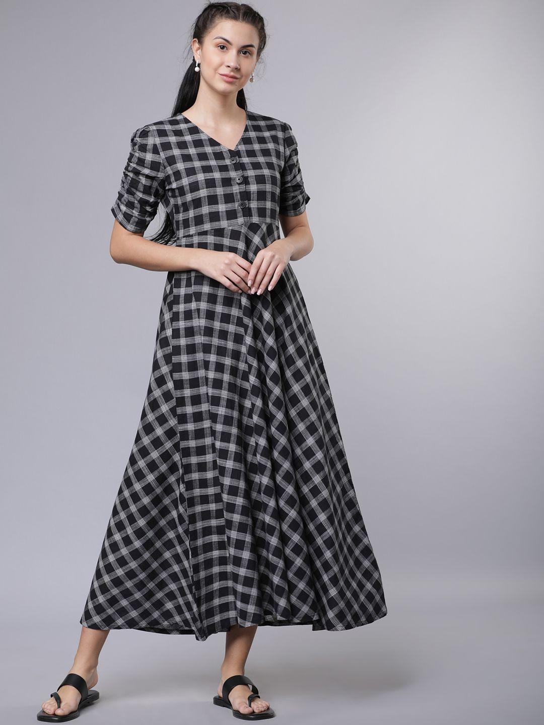 vishudh women black checked fit and flare dress