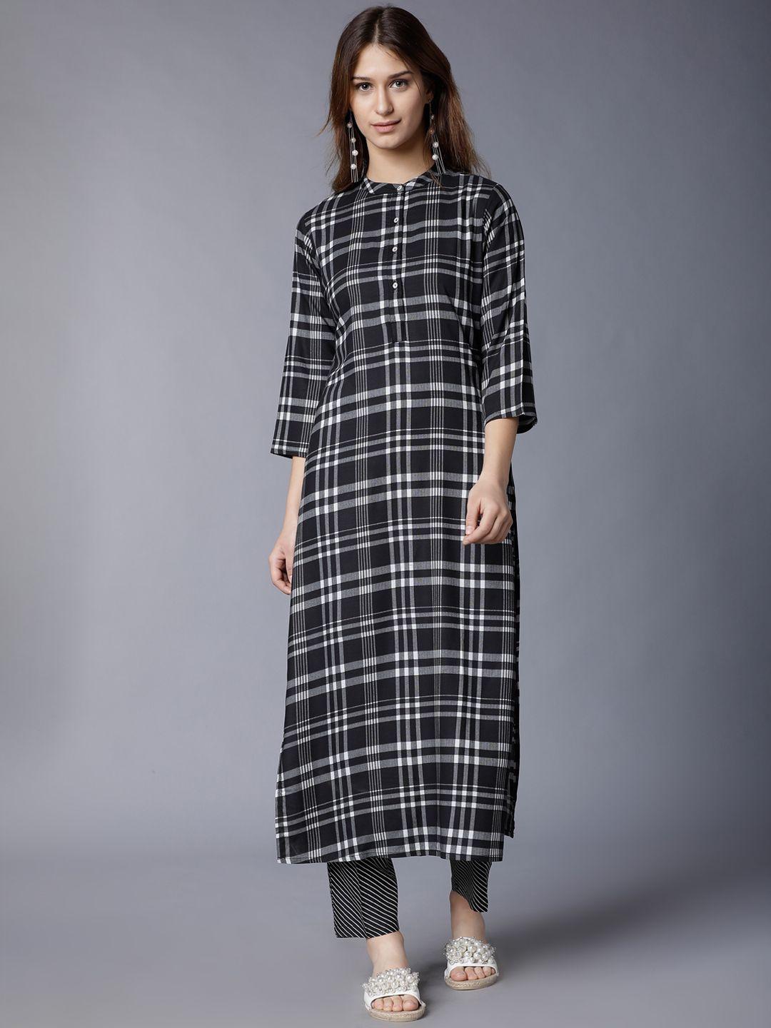 vishudh women black checked kurta with palazzos