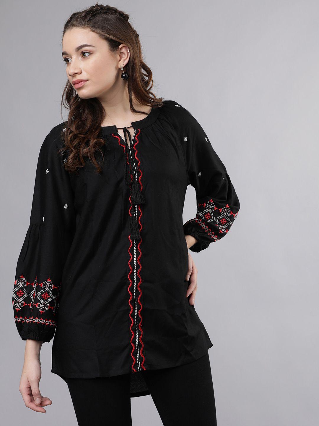 vishudh women black embroidered longline high-low top