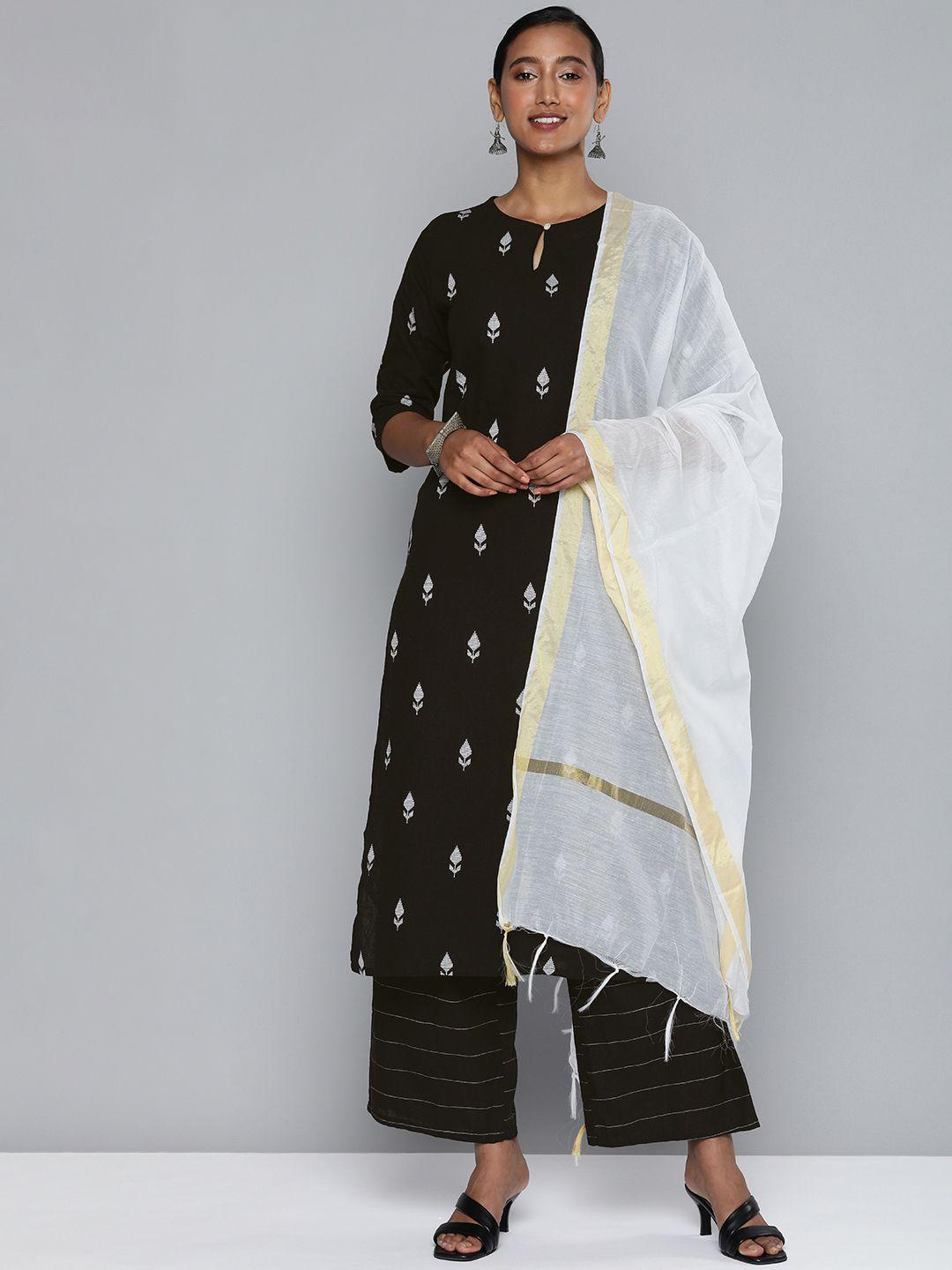 vishudh women black ethnic motifs embroidered cotton kurta with palazzos & with dupatta