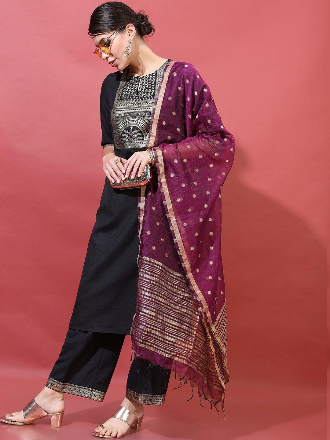 vishudh women black ethnic motifs printed kurta with trousers & dupatta