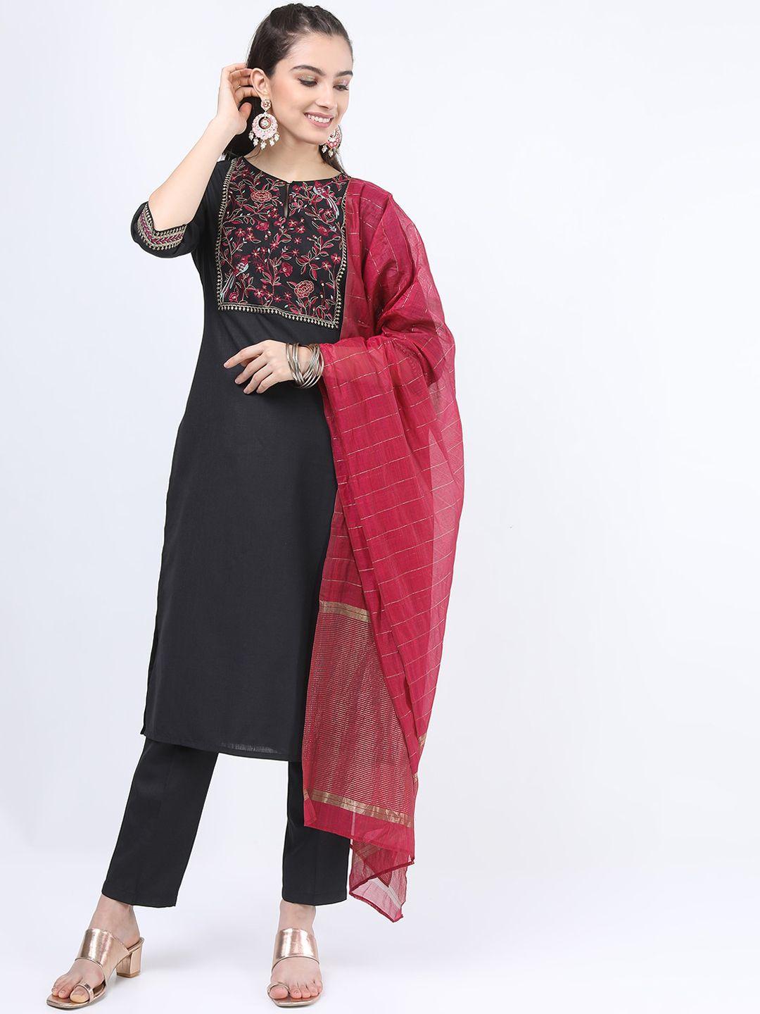 vishudh women black floral embroidered kurta with trousers & with dupatta