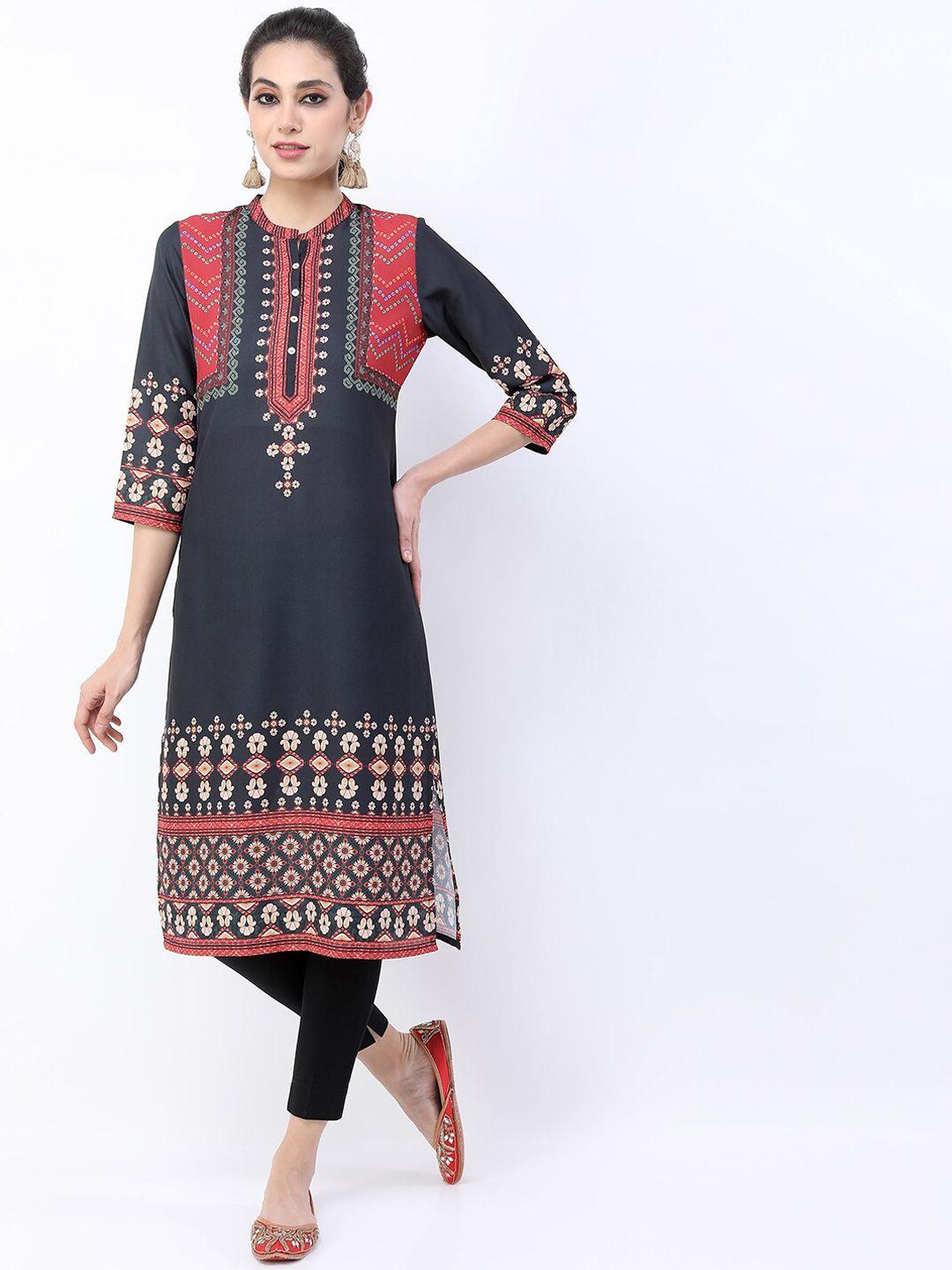 vishudh women black geometric thread work kurta