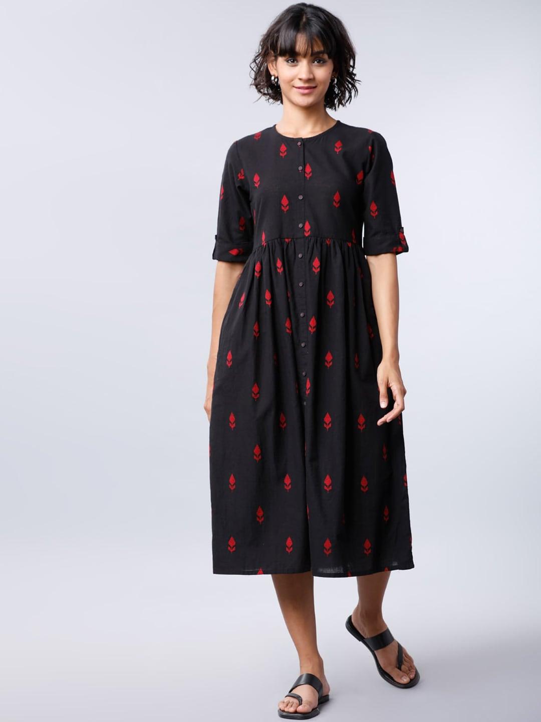 vishudh women black printed fit and flare dress