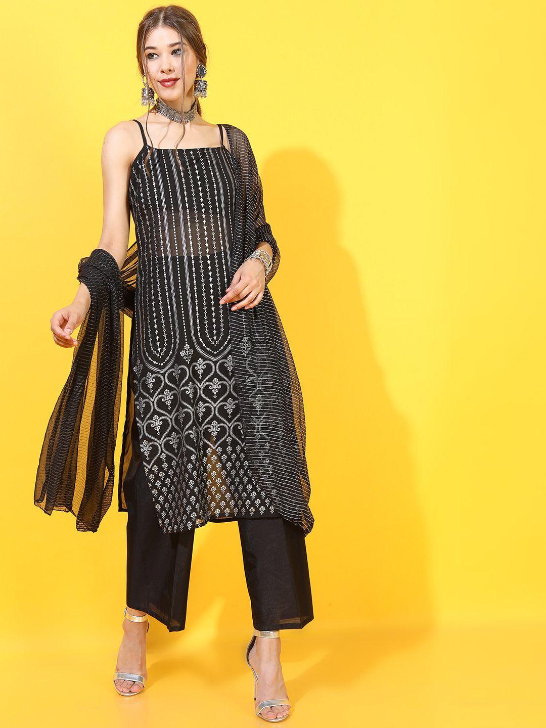 vishudh women black printed kurta with palazzos & dupatta