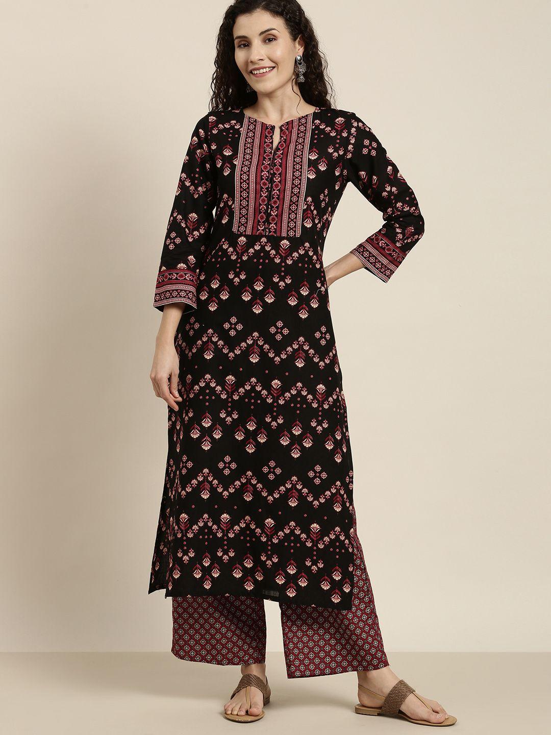 vishudh women black printed kurta with palazzos