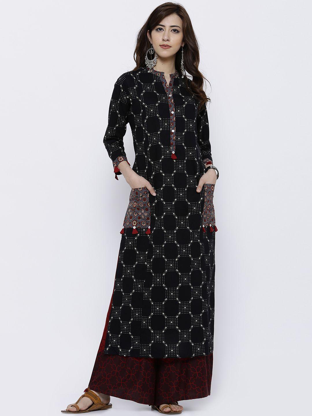 vishudh women black printed straight kurta