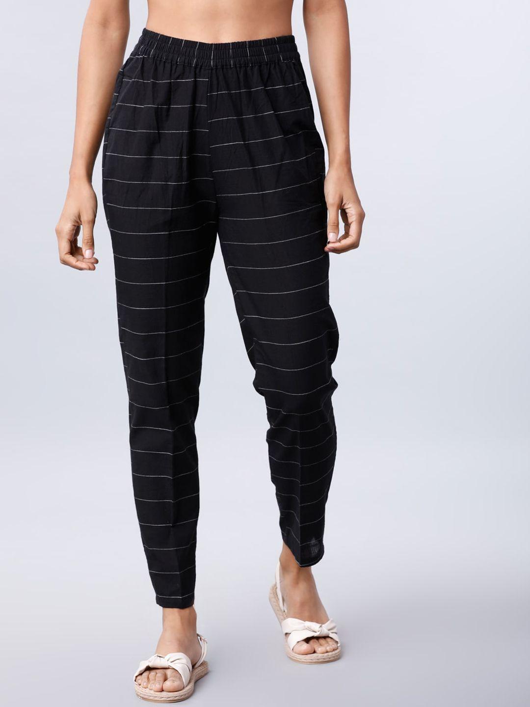 vishudh women black regular fit checked regular trousers