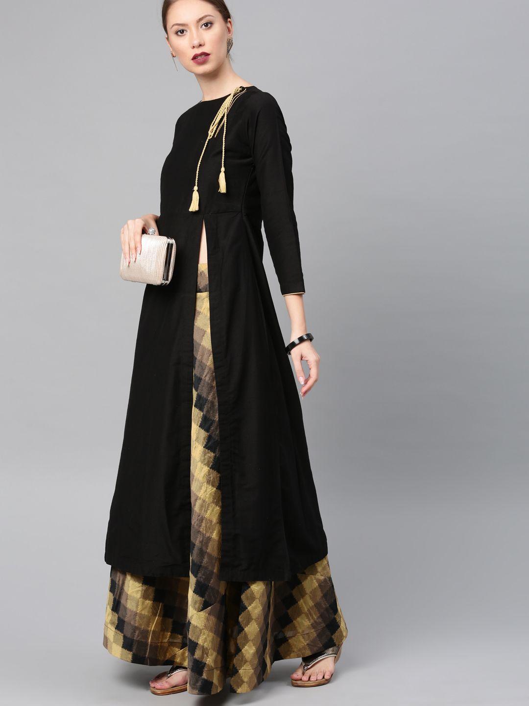 vishudh women black solid kurta with palazzos