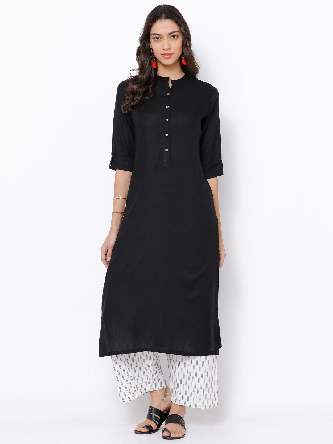 vishudh women black solid straight kurta