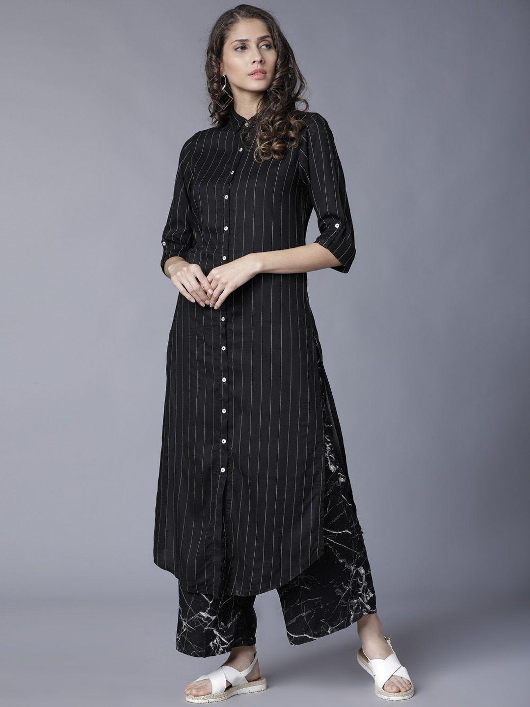 vishudh women black striped kurta with palazzos