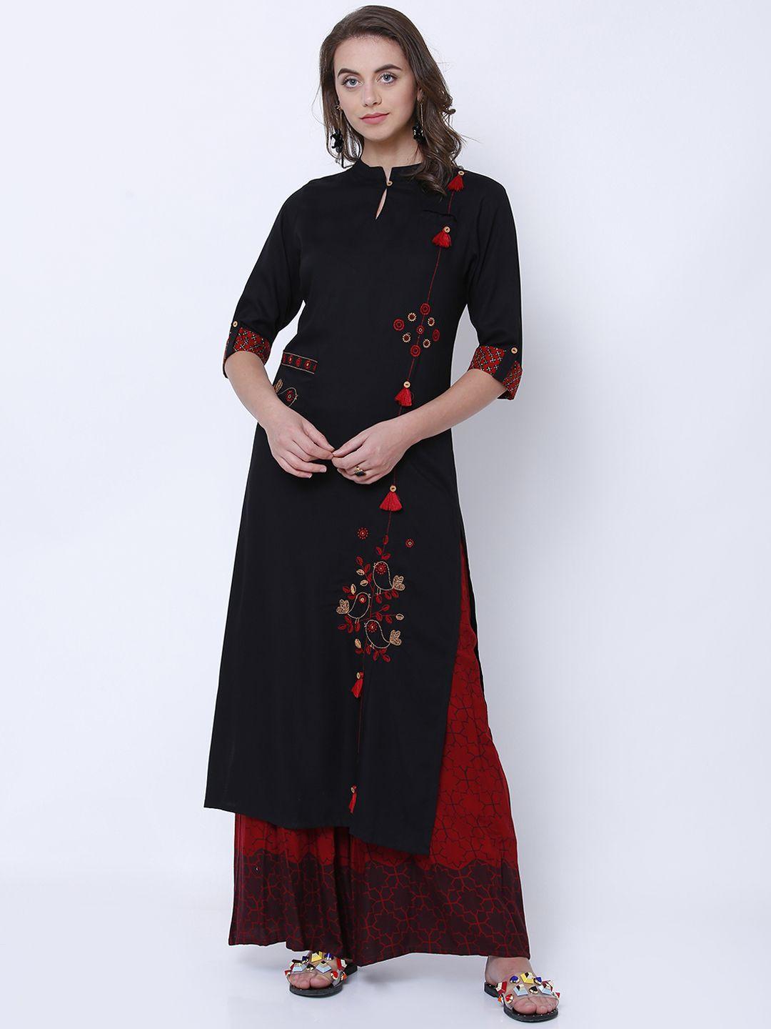 vishudh women black woven design straight kurta