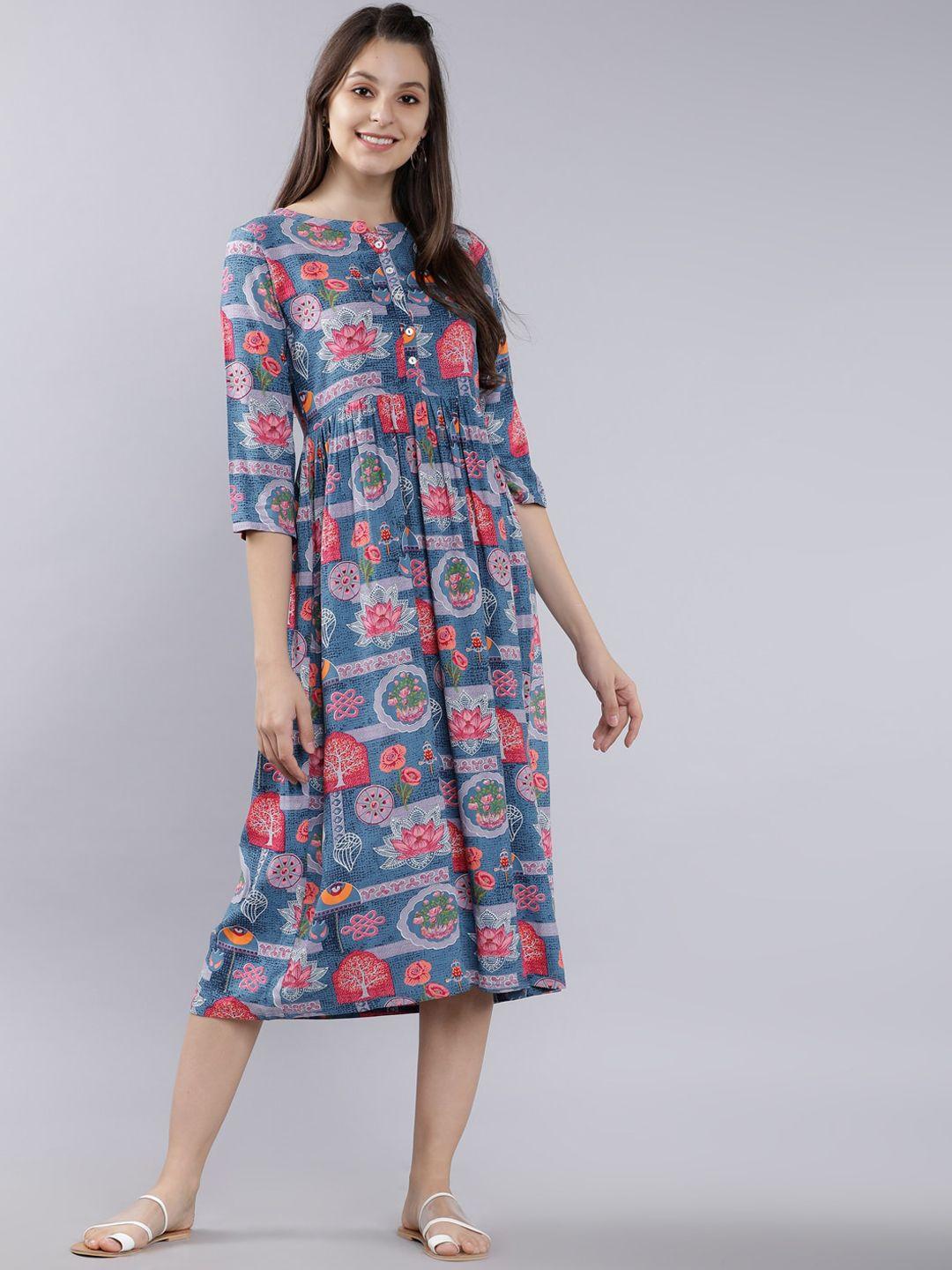 vishudh women blue & coral red floral printed fit and flare dress