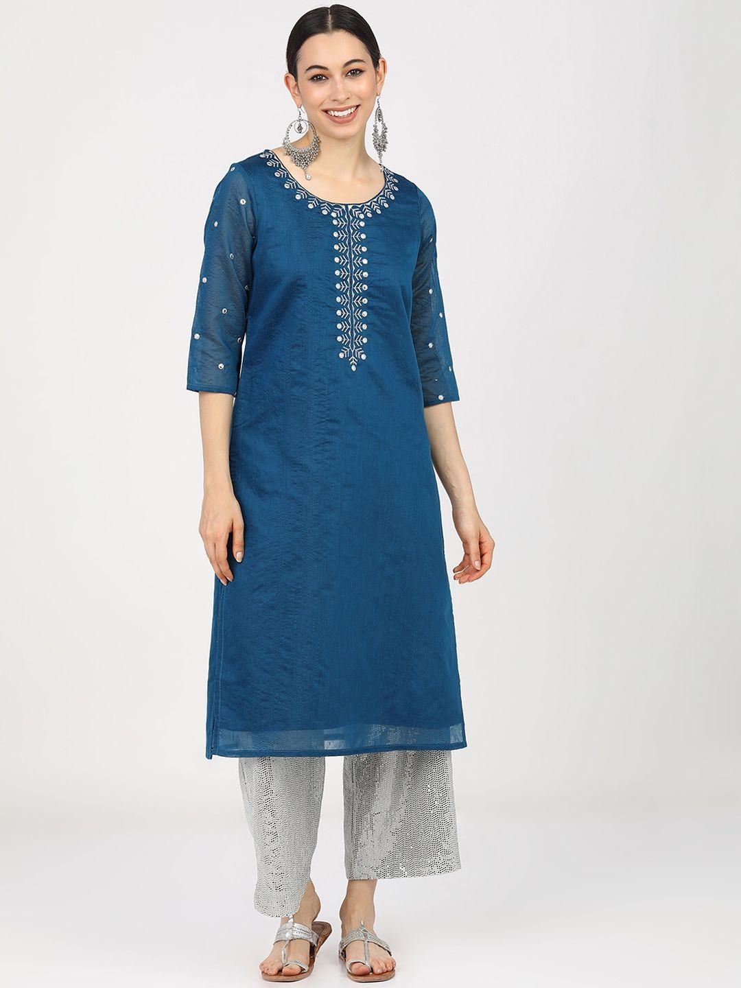 vishudh women blue & off white yoke design thread work kurta