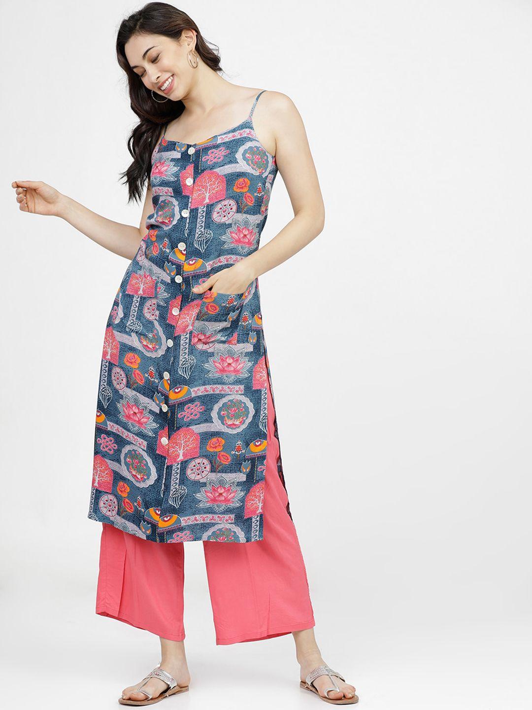 vishudh women blue & pink floral printed straight kurta