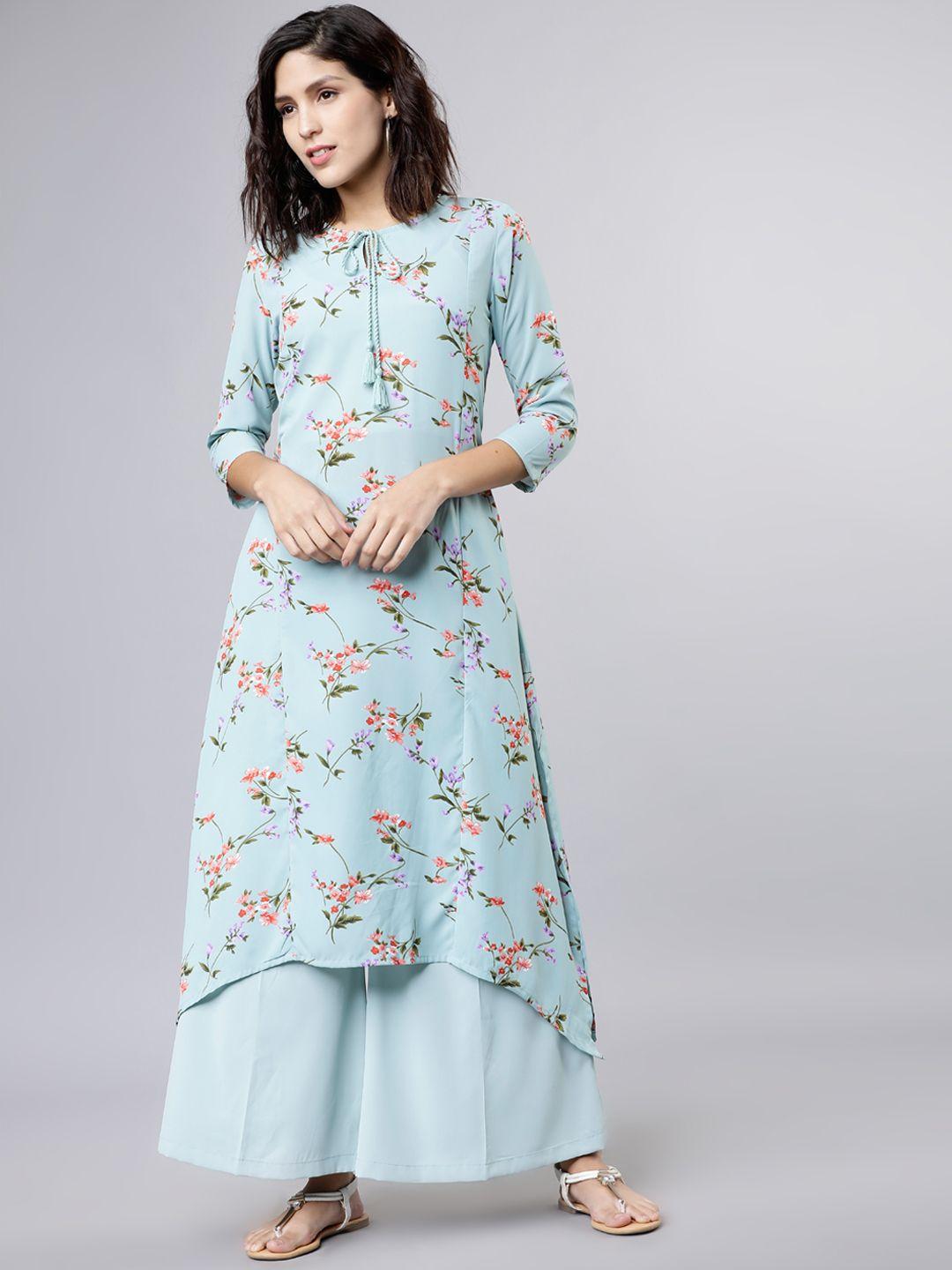 vishudh women blue & pink printed kurta with palazzos