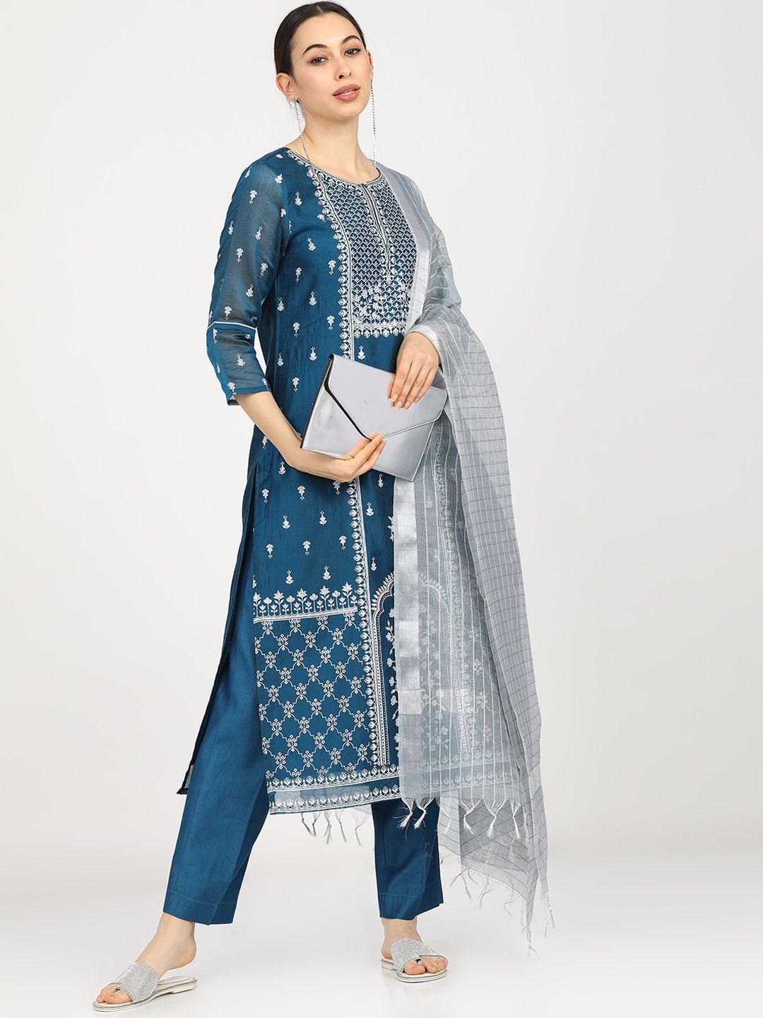 vishudh women blue & white floral printed regular kurta with trousers & dupatta