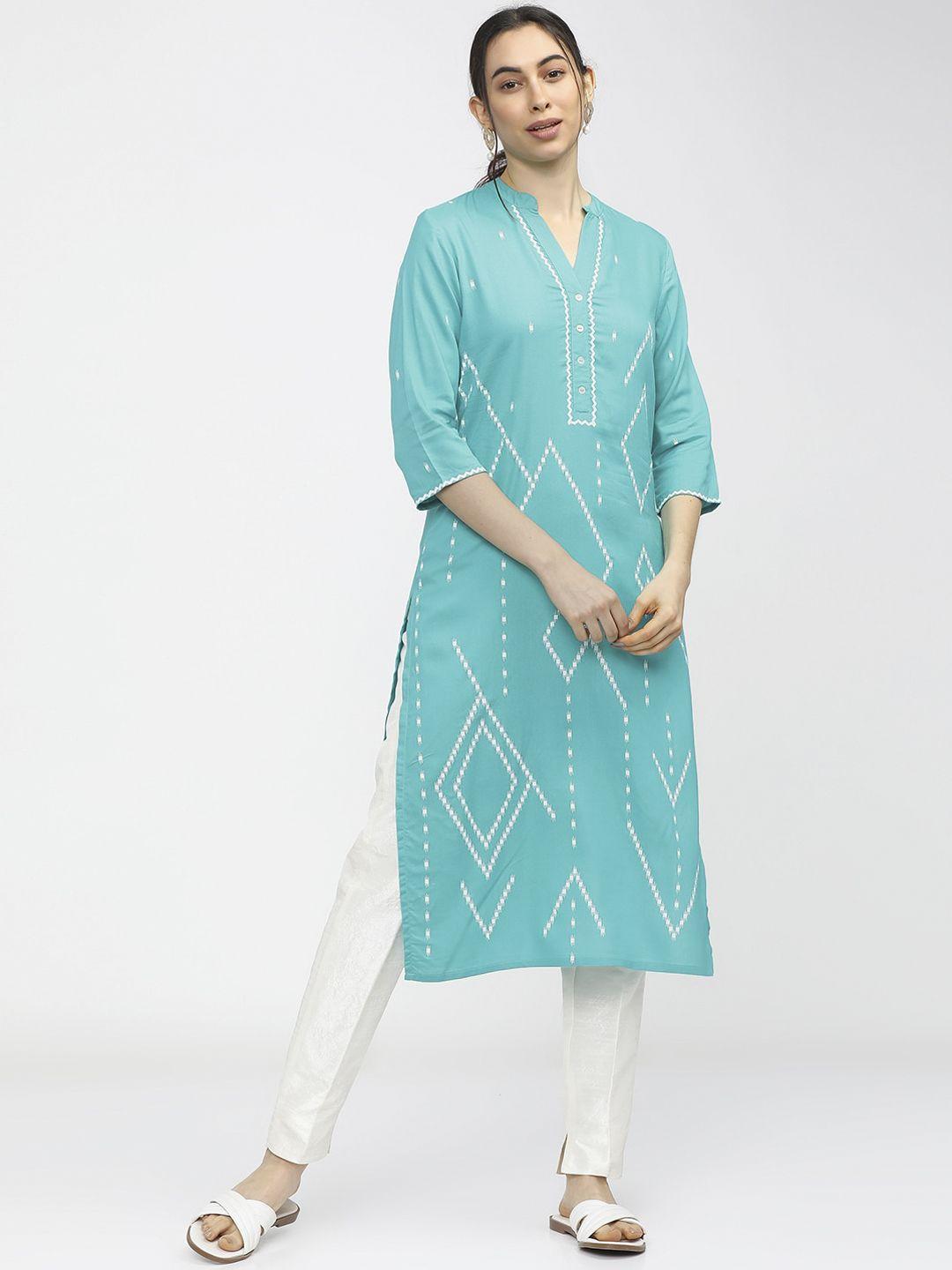 vishudh women blue & white geometric printed kurta