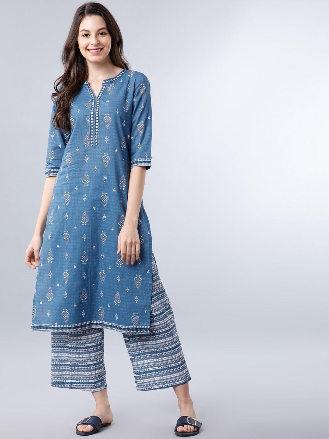 vishudh women blue & white paisley printed kurta