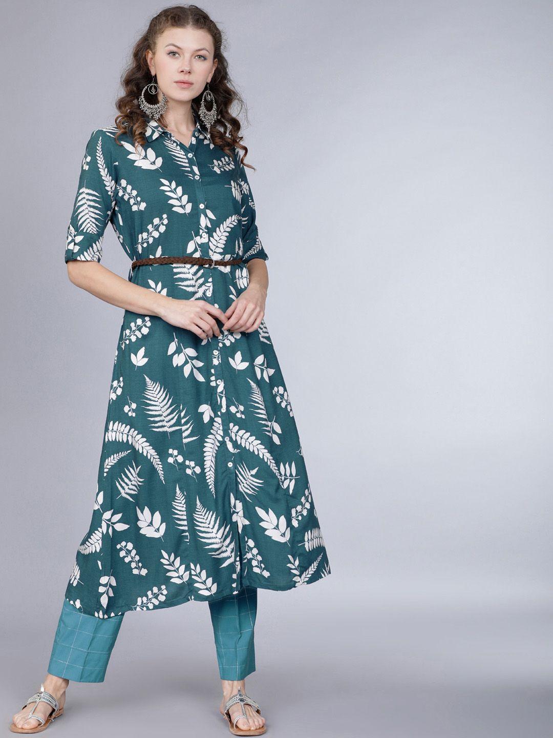 vishudh women blue & white printed kurta with trousers