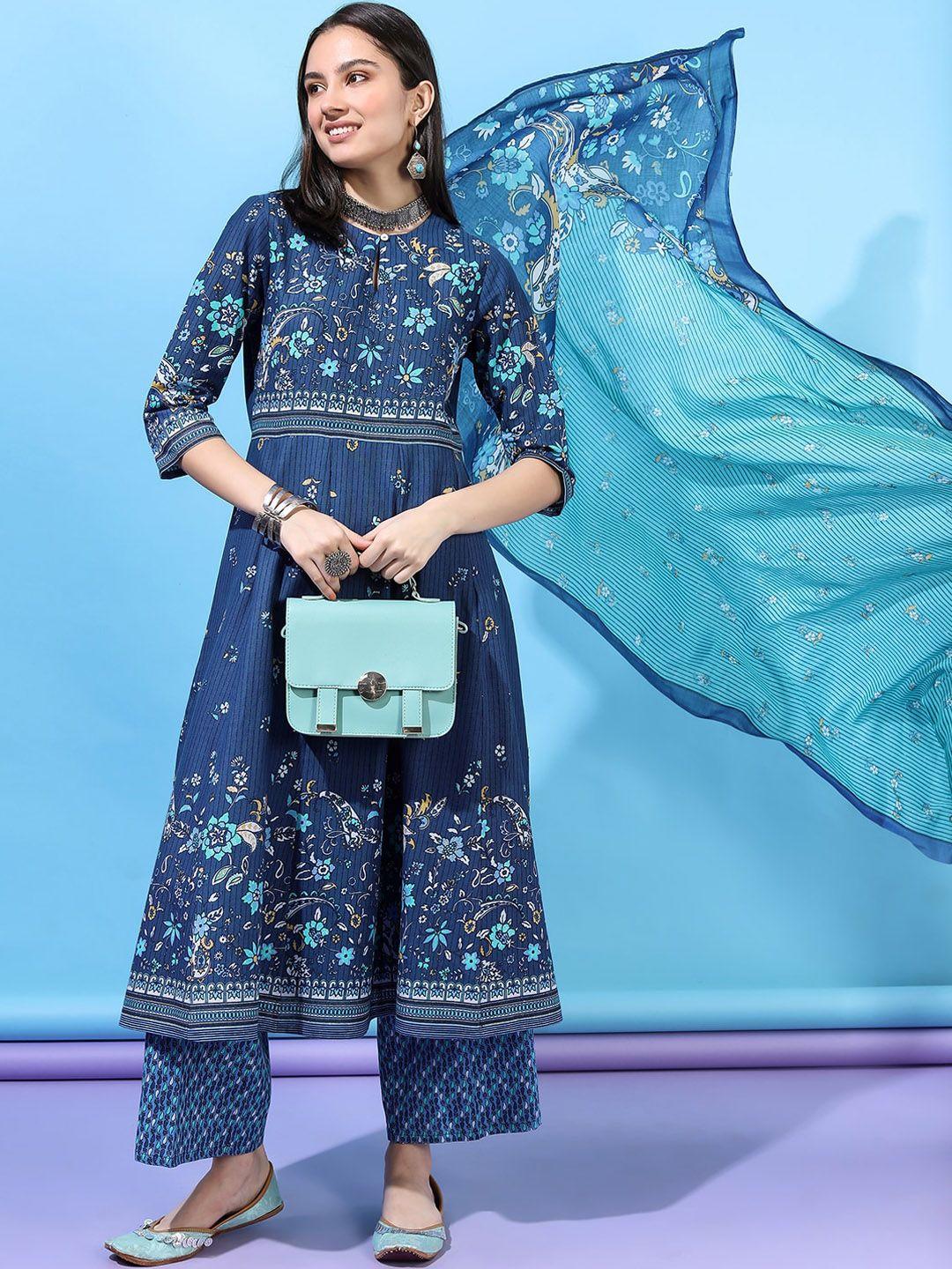 vishudh women blue ethnic motifs  high slit pure kurta with palazzo & with dupatta