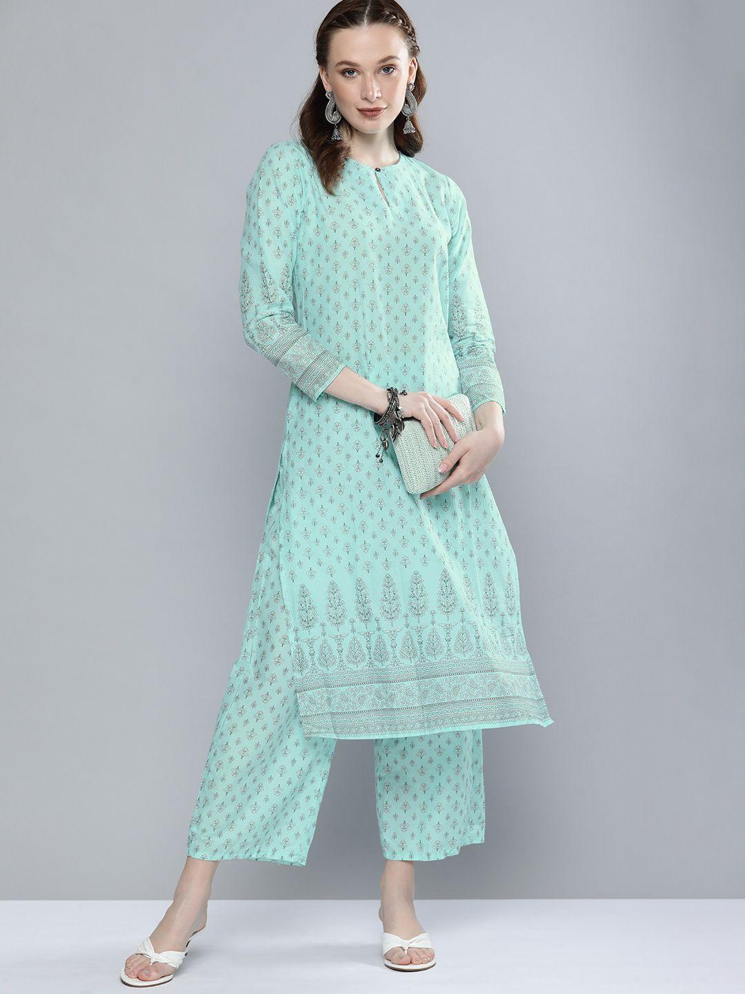 vishudh women blue ethnic motifs printed panelled pure cotton kurta with trousers
