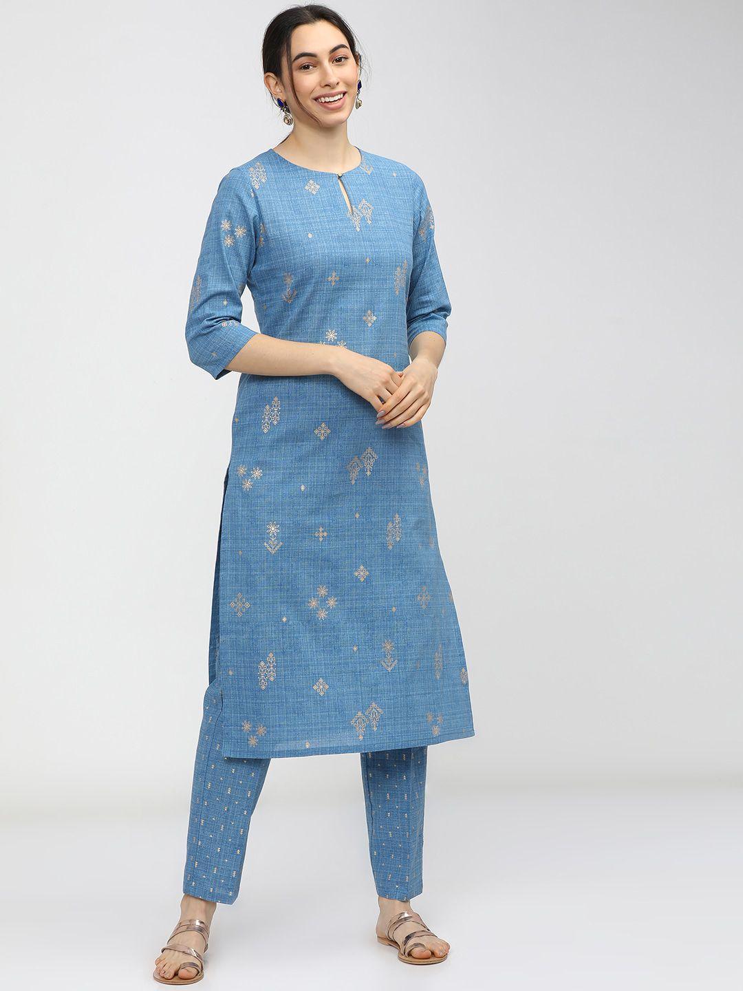 vishudh women blue ethnic motifs printed panelled pure cotton kurta with trousers