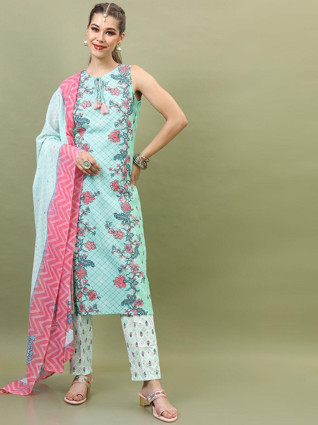 vishudh women blue floral printed high slit pure cotton kurta with trousers & with dupatta
