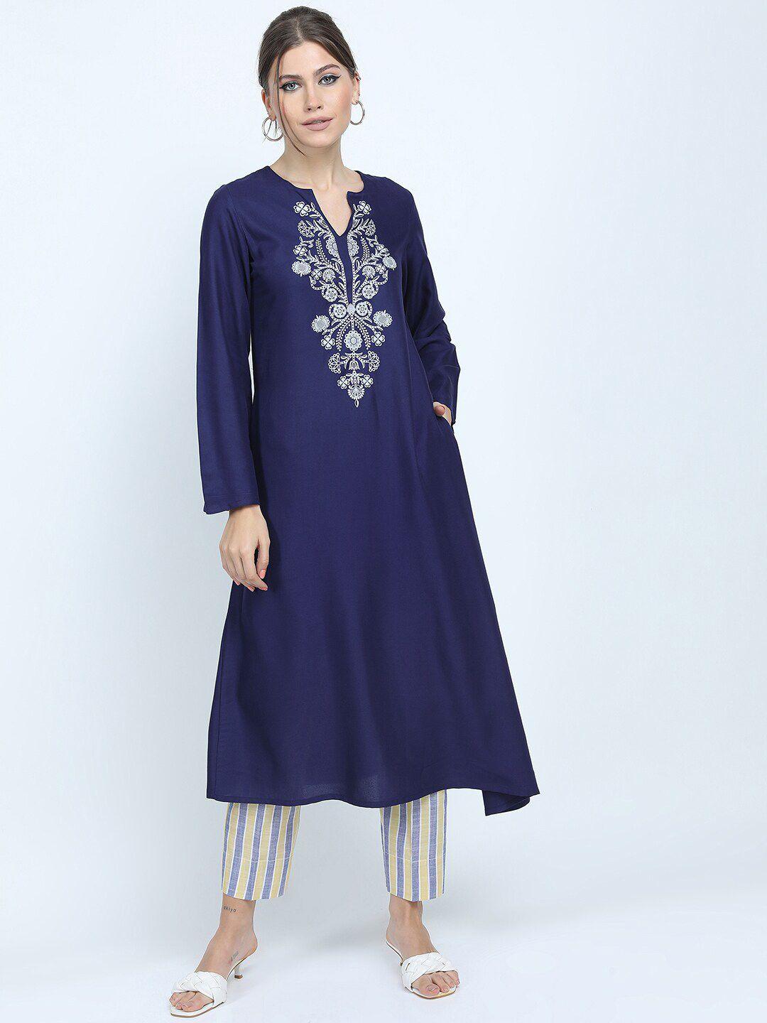 vishudh women blue floral printed kurta with trousers