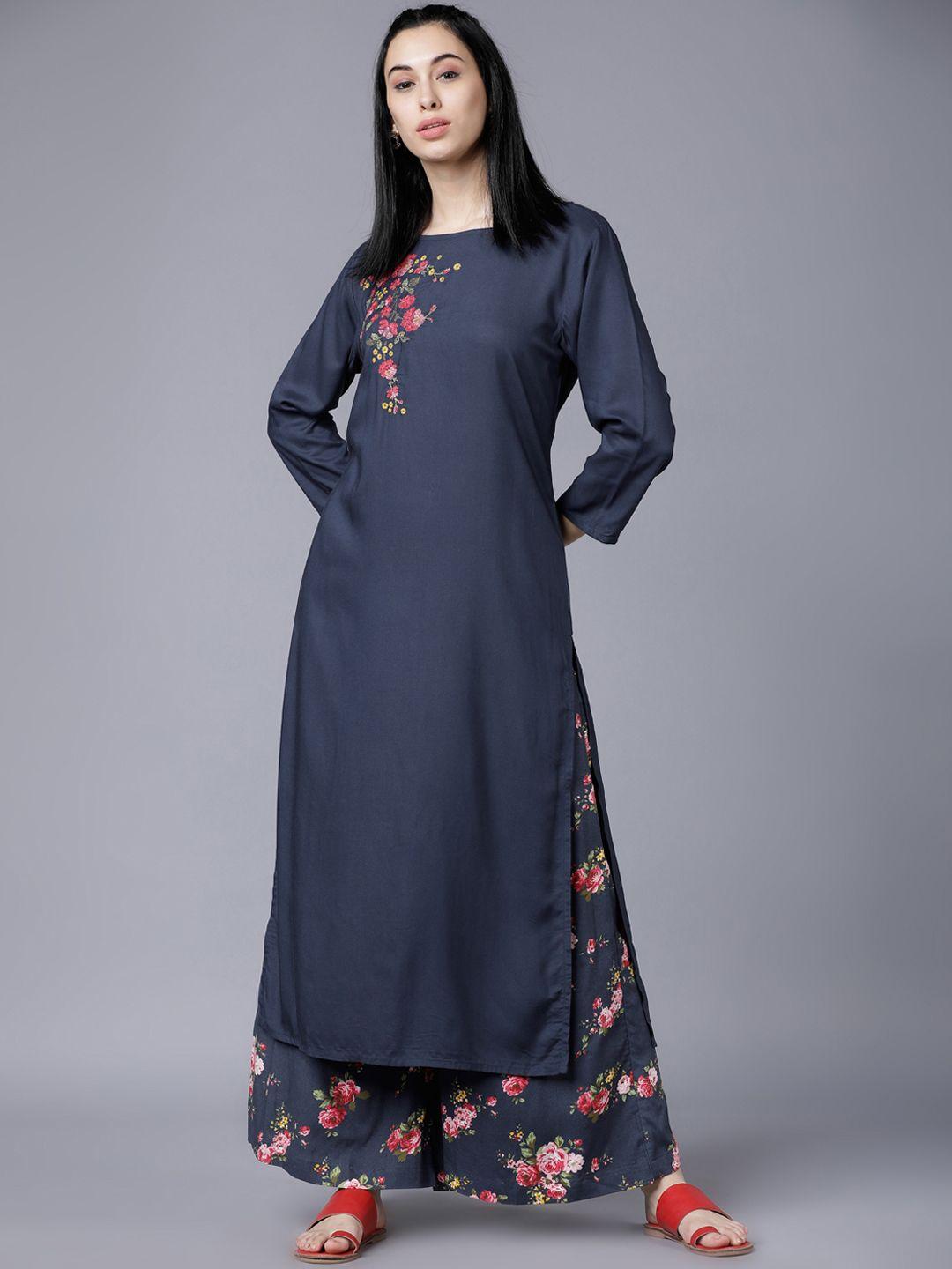 vishudh women blue floral printed regular kurta with palazzos