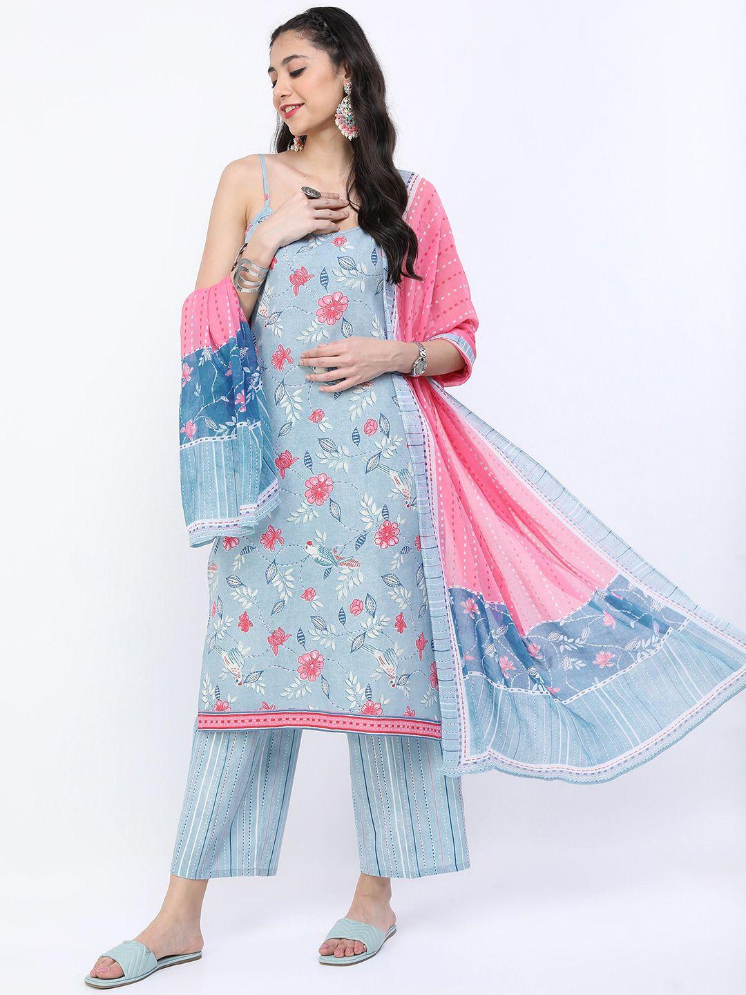 vishudh women blue floral printed regular pure cotton kurta with trousers & with dupatta