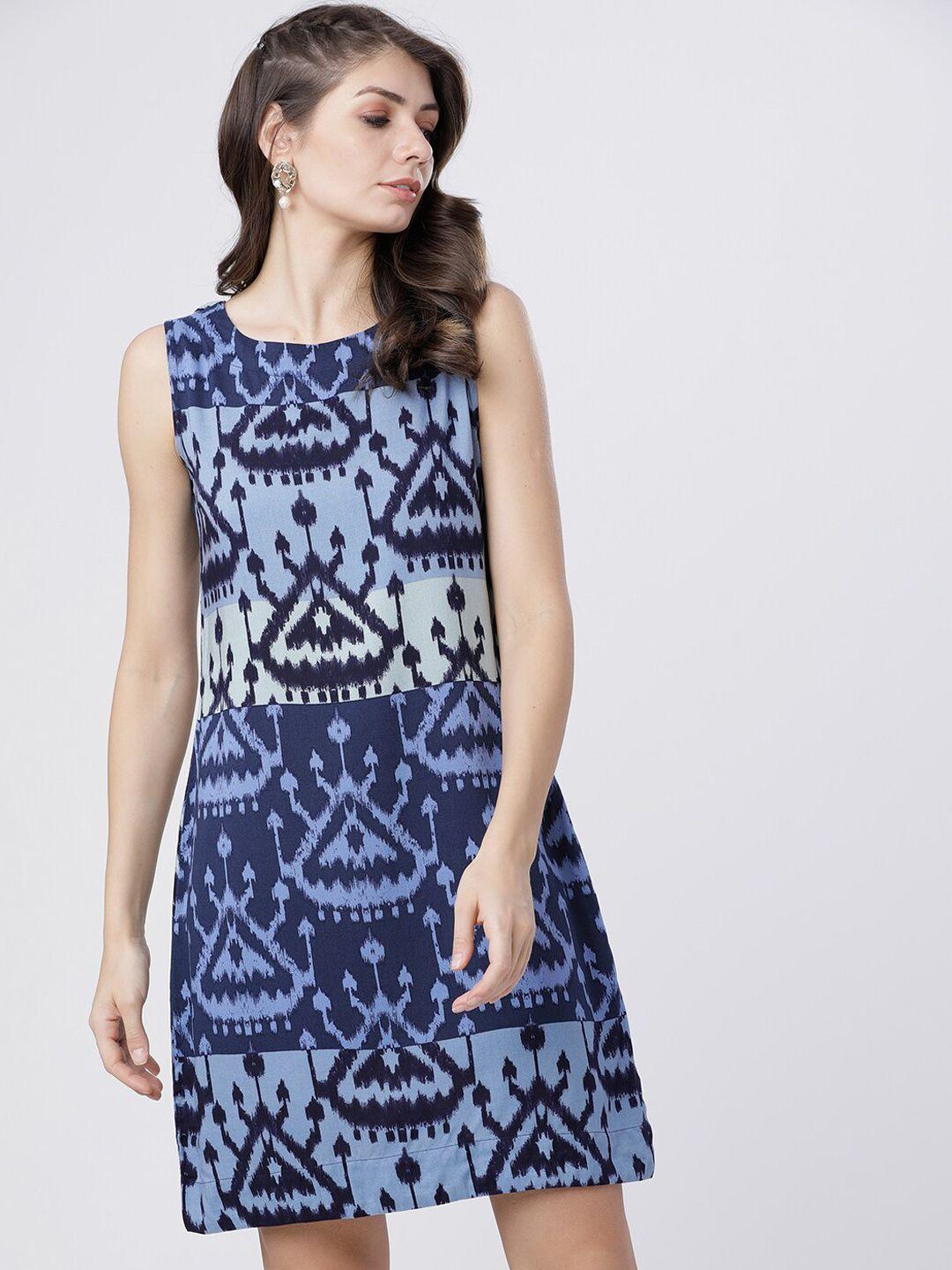 vishudh women blue printed a-line dress