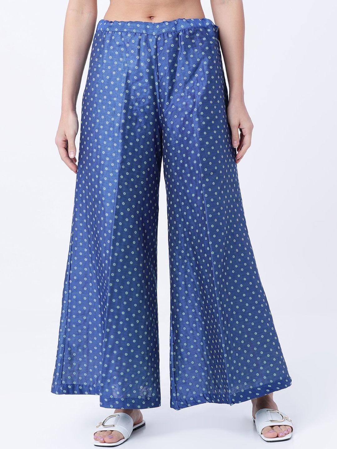 vishudh women blue printed flared palazzos