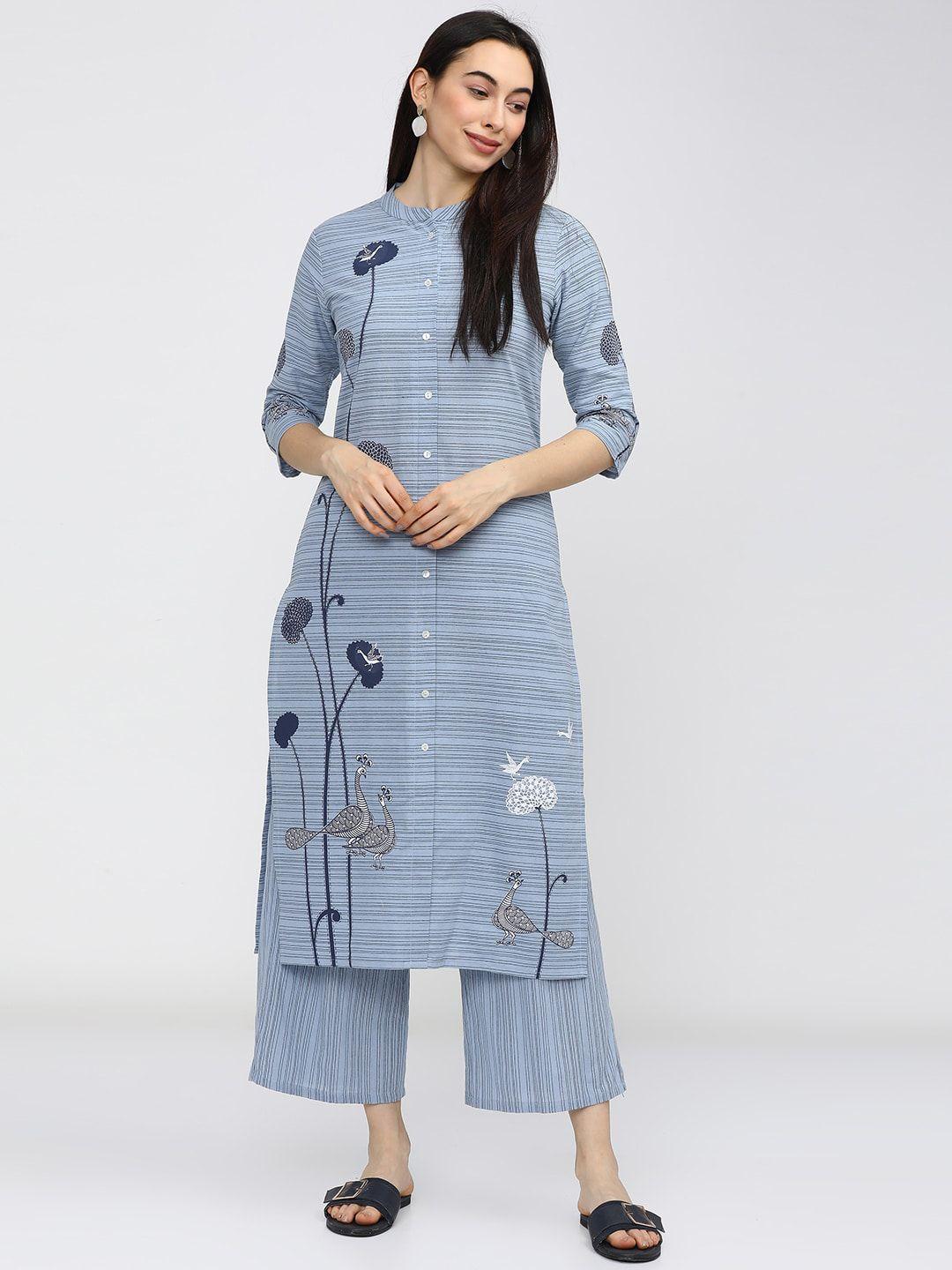 vishudh women blue printed pure cotton kurta with palazzos