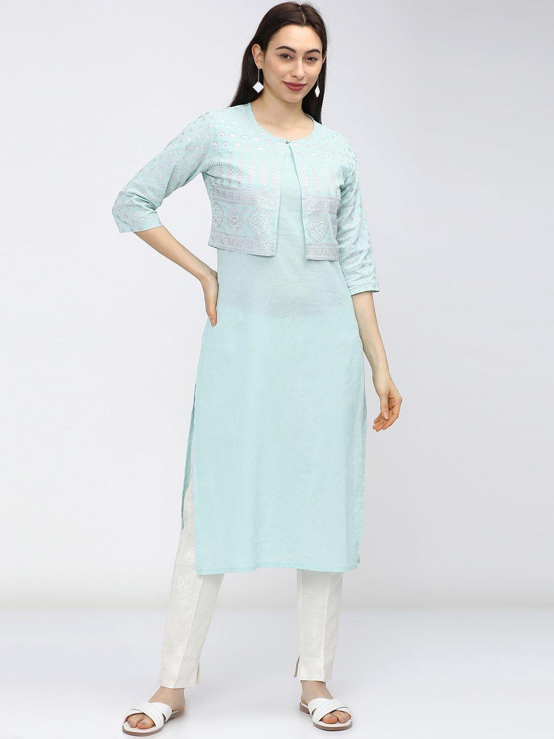 vishudh women blue straight kurta with printed jacket