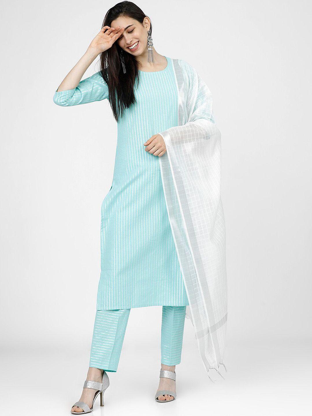 vishudh women blue striped regular pure cotton kurta with trousers & dupatta